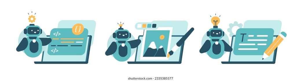 Artificial intelligence illustrations set. Collections of scenes with AI chat bot using for copywriting, art creation and answering questions. Neural network technology concept. Vector illustration
