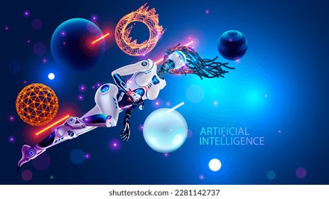 Inteligencia artificial en la imagen hermosa mujer robot con IA en el ciberespacio virtual entre los gráficos y diagramas de datos. Concepto de aprendizaje de redes neuronales. Robot femenino flotando en gravedad cero.