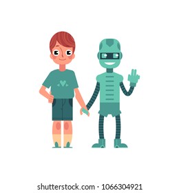 Artificial intelligence image of boy and his robotic friend holding each other hands isolated on white background. Friendly relations between machine and human concept. Flat vector illustration.