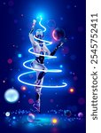 Artificial intelligence in image of female robot decorates Christmas tree in cyberspace. Christmas and New Year card in AI or artificial ingredients style. AI robot woman with neon Christmas tree.