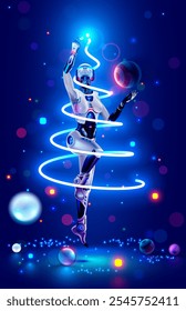 Artificial intelligence in image of female robot decorates Christmas tree in cyberspace. Christmas and New Year card in AI or artificial ingredients style. AI robot woman with neon Christmas tree.