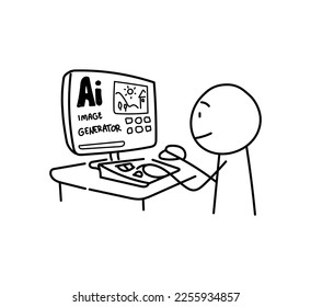 Artificial intelligence image generator, a stick figure in front of the computer using artificial intelligence based image generator to create image, isolated on white background.