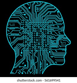 Artificial Intelligence. The image of human head outlines, inside of which there is an abstract circuit board.