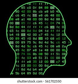 Artificial Intelligence. The image of a human head outline, inside which depicts a binary code, which symbolizes the process of thinking. Illustration work artificial neural networks.