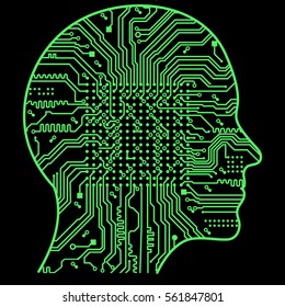 Artificial Intelligence. The image of human head outlines, inside of which there is an abstract circuit board.