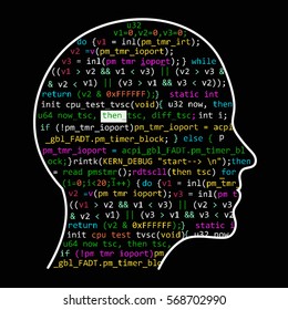 Artificial Intelligence. The image of a human head outline, inside which depicts a program code, which symbolizes the process of thinking. Illustration work artificial neural networks.