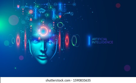 Artificial intelligence in the image of a wise woman. AI conceptual futuristic blue banner. Cybernetics mind analysis data. Neuron network processes information. Interface consists of computer icons.