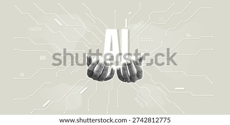 Artificial Intelligence Implementation. A trendy halftone collage. Human hands carefully hold the letters 