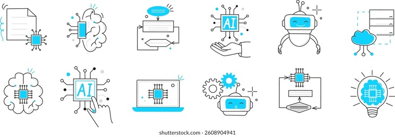 Artificial intelligence, including cybernetics, machine learning, robotics icons set, line vector. AI problem-solving, algorithms, and AI technology concepts. Chatbot works.