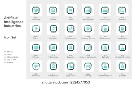 Inteligencia artificial en industrias y sectores icono colección