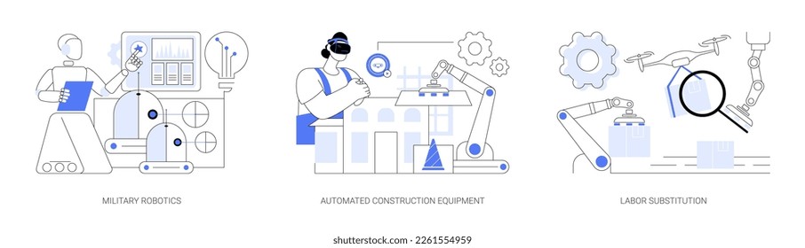 Inteligencia artificial en la industria concepto abstracto conjunto de ilustraciones vectoriales. Robótica militar, equipo de construcción automatizado, sustitución de mano de obra, maquinaria inteligente, metáfora abstracta de robótica.