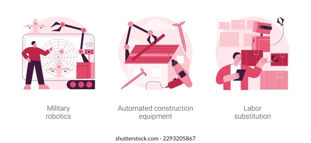 Artificial intelligence in industry abstract concept vector illustration set. Military robotics, automated construction equipment, labor substitution, smart machinery, robotization abstract metaphor.