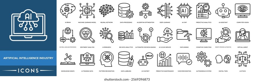 Artificial Intelligence Industry icon. AI Brain, Machine Learning Model, Neural Network, Data Processing and Algorithm Optimization