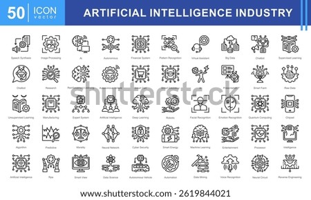 Artificial Intelligence Industry icon set featuring icons for AI, machine learning, automation, big data, and cybersecurity. Perfect for tech, robotics, and data-driven innovation projects.