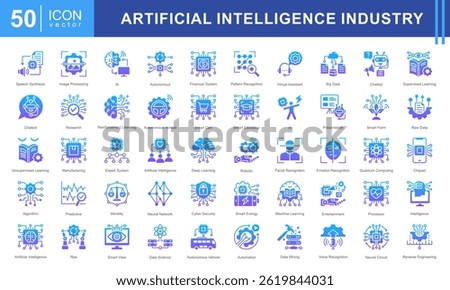 Artificial Intelligence Industry icon set featuring icons for AI, machine learning, automation, big data, and cybersecurity. Perfect for tech, robotics, and data-driven innovation projects.