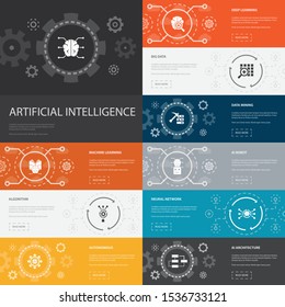 Artificial Intelligence Infographic 10 line icons banners. Machine learning, Algorithm, Deep learning, Neural network simple icons