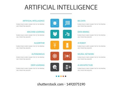 Artificial Intelligence Infographic 10 option concept.Machine learning, Algorithm, Deep learning, Neural network icons