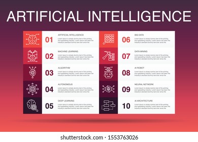 Artificial Intelligence Infographic 10 option template.Machine learning, Algorithm, Deep learning, Neural network simple icons