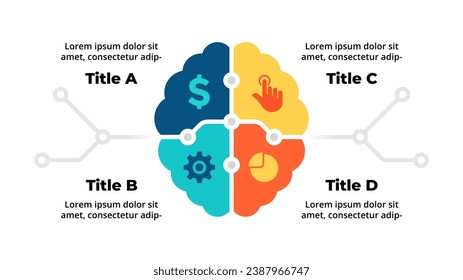 Artificial Intelligence Infographic. Brain 4 Options Diagram. Machine Digital Knowledge. Deep Learning Creative Template. AI Technology Illustration. Chip Neural Network.