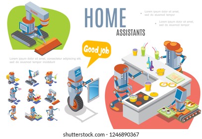 Artificial intelligence infographic concept with robotic bartender cleaner courier postman waiter home assistants robots are used in medicine cinema industries hotel service vector illustration