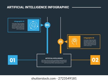 artificial intelligence infographic process diagram with percentage progress vertical with opposite direction with dark background bright outline style 2 points vector