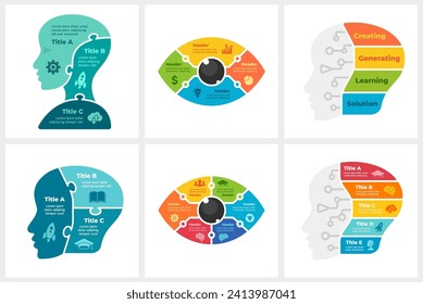 Artificial Intelligence Infographic. Puzzle Vector Cyborg Head Illustration. AI 3, 4, 5, 6 Steps Parts Options. Human Robot Face. Digital Eye Sight. Deep Machine Learn. Computer Brain. Neural Network