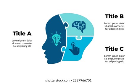 Artificial Intelligence. Infographic Template. Puzzle Cyborg Head Illustration. 3 Steps, Options. Human or Robot Face. Educational Creative Concept.