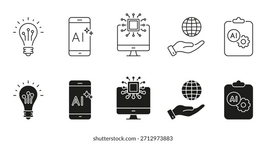 Innovación en Inteligencia Artificial y Línea de Tecnología Global y Conjunto de Iconos Sólidos. Ciencia de datos, intercambio de conocimientos y Colección de símbolos de soluciones inteligentes. Ilustración vectorial aislada.