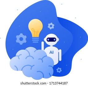 Artificial Intelligence innovation and neural network technology concept. Vector flat person illustration. Robot bot, brain, lightbulb idea and gear engineering symbol. Design element for banner, web.