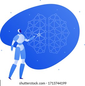 Künstliche Intelligenz Innovation und neuronales Netzwerk-Technologie-Konzept. Vektorillustration Wohnung Personengrafik. Roboter und Gehirn mit aktiviertem Neuronzeichen. Design-Element für Banner, Web.