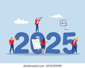 Artificial Intelligence innovation Year 2025 vision, achievement or plan for success, career target or economic forecast, aspiration to work success, new year resolution concept,vector illustrator