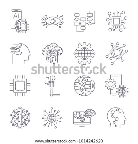 Artificial Intelligence, integration, iot, industrial business, web computing concept. AI factory manufacturing autonomous management process development engineering technology. Editable Stroke