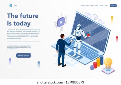 Artificial Intelligence Interactive. Introducing a person to new technologies with the help of a robot. Apple as a symbol of new knowledge. Web banner. Isometric 3d Vector Illustration Isolated
