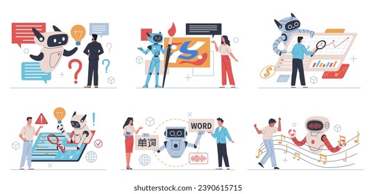 Artificial intelligence interacts with people. Computing system self development, chatbots help, robot executes commands, translator, artist and analyst, cartoon flat nowaday vector set