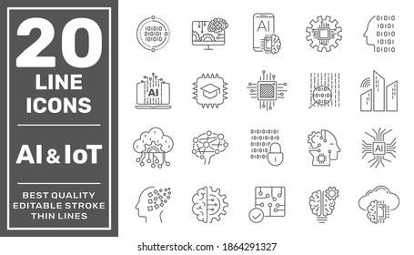 Artificial Intelligence and Internet of Things (AI, IoT) set of line vector icons. Editable Stroke. EPS 10