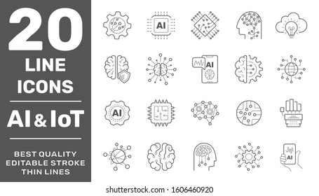 Artificial Intelligence and Internet Of Things Vector Line Icons Set. Android, Humanoid Robot, Thinking Machine, Digital Brain and other. Editable Stroke. EPS 10