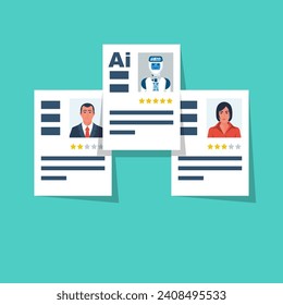 Artificial intelligence in interviews. The robot is superior to humans.  Resume ai. Technology development. Vector illustration flat design. Isolated on white background.
