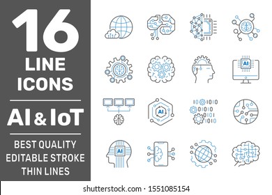 Artificial Intelligence and IoT thin icons set. AI, Iot, IIoT, Factory 4.0. Binary Code, Robot, Microchip, Smart Brain and other icons. Editable Stroke. EPS 10