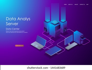 Artificial intelligence isometric abstract banner, neural network, server computers, data base, big data
