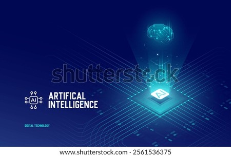 Artificial Intelligence, Isometric AI chip background on technology blue background. Vector banner for AI, Deep Learning, Machine Learning, and Technological Digital Brain Concepts, ai icon.