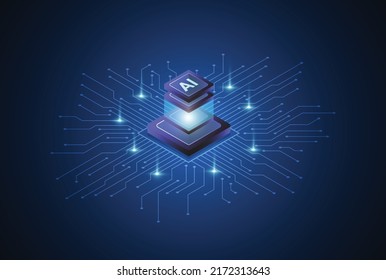 Artificial intelligence isometric chipset on circuit board in futuristic concept technology artwork for web, banner, card, cover. Vector illustration