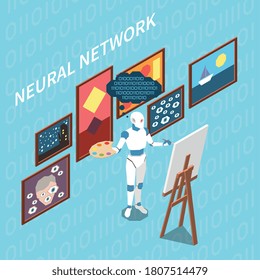 Artificial intelligence isometric composition with character of robot with palette drawing paintings based on learned experience vector illustration