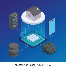 Artificial intelligence isometric composition with flowchart of silicon chip and server equipment with smartphone and house vector illustration