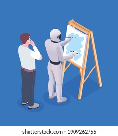 Artificial intelligence isometric composition with images of drawing easel and robot with human character of mentor vector illustration