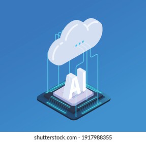 Artificial Intelligence Isometric Composition With Images Of Silicon Chip Connected To Computing Cloud Via Wired Connections Vector Illustration