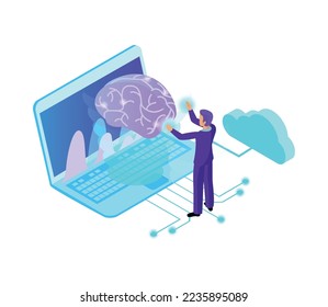 Artificial intelligence isometric composition with isolated ai glow image of brain with electronic gadgets and business people vector illustration