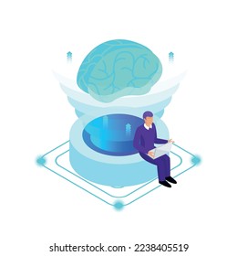 Artificial intelligence isometric composition with isolated ai glow image of brain with electronic gadgets and business people vector illustration