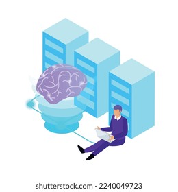 Artificial intelligence isometric composition with isolated ai glow image of brain with electronic gadgets and business people vector illustration