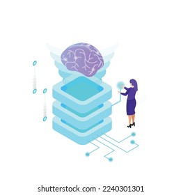 Artificial intelligence isometric composition with isolated ai glow image of brain with electronic gadgets and business people vector illustration