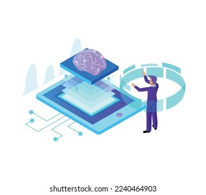 Artificial intelligence isometric composition with isolated ai glow image of brain with electronic gadgets and business people vector illustration